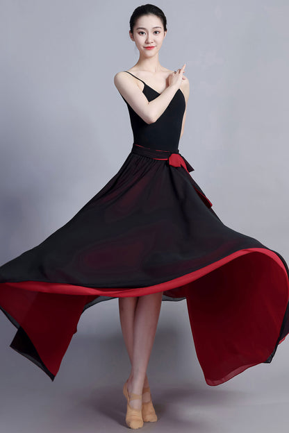 Black Red Chiffon Maxi Skirt - Reversible Two-Tone Swing | Xiaolizi 3390