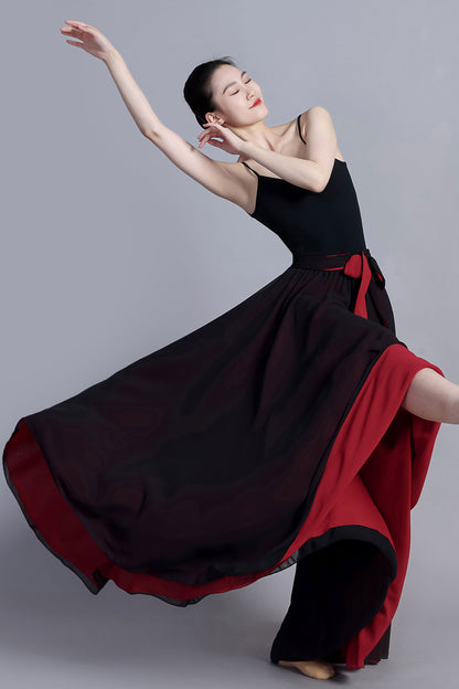 Black Red Chiffon Maxi Skirt - Reversible Two-Tone Swing | Xiaolizi 3390