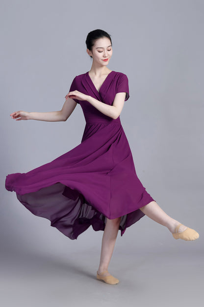 Purple Chiffon Maxi Dress - V-Neck Empire Waist Cap Sleeve | Xiaolizi 3391