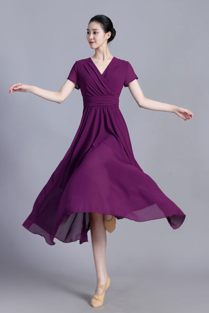 Purple Chiffon Maxi Dress - V-Neck Empire Waist Cap Sleeve | Xiaolizi 3391