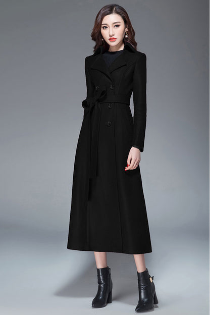 Handmade Light Gray Wool Coat – Elegant Double-Breasted Belted Long Overcoat | Xiaolizi 3985