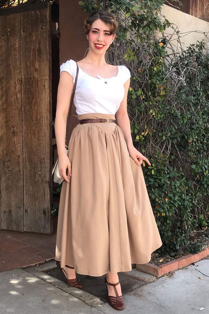 Khaki Pleated High Waist Maxi Skirt - Vintage Inspired | Xiaolizi 3416