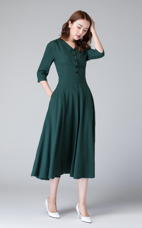 Green Linen Midi Dress with Fitted Waist and Front Buttons – Xiaolizi Green Linen Midi Dress with Fitted Waist and Front Buttons – Xiaolizi
