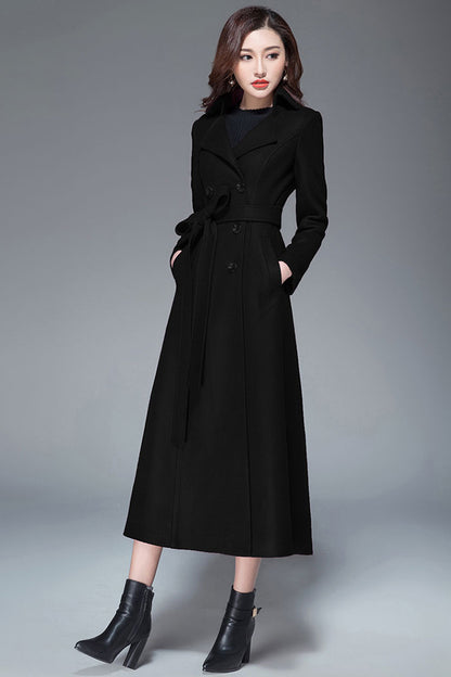 Handmade Light Gray Wool Coat – Elegant Double-Breasted Belted Long Overcoat | Xiaolizi 3985