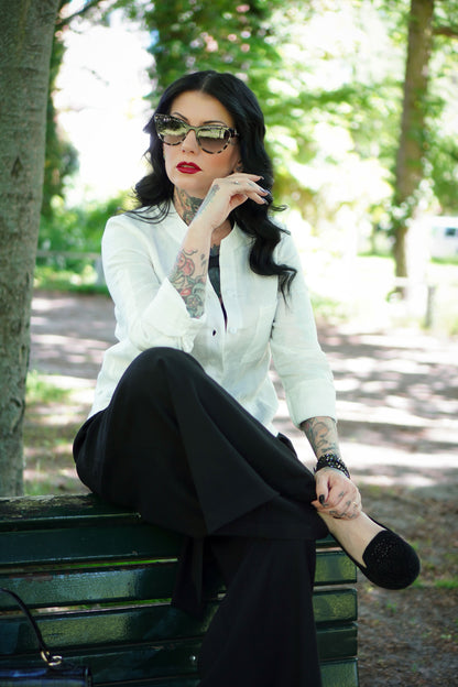 White Linen Shirt - Long Sleeve Split Neck | Xiaolizi 3001