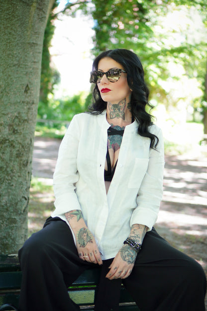 White Linen Shirt - Long Sleeve Split Neck | Xiaolizi 3001