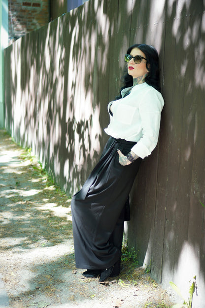 Black Linen Cotton Palazzo Pants - Wide Leg Pleated | Xiaolizi 3002