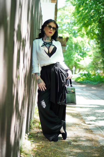 Black Linen Cotton Palazzo Pants - Wide Leg Pleated | Xiaolizi 3002