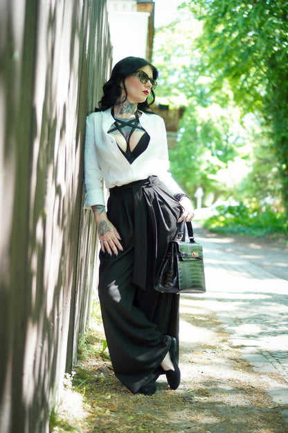 Black Linen Cotton Palazzo Pants - Wide Leg Pleated | Xiaolizi 3002