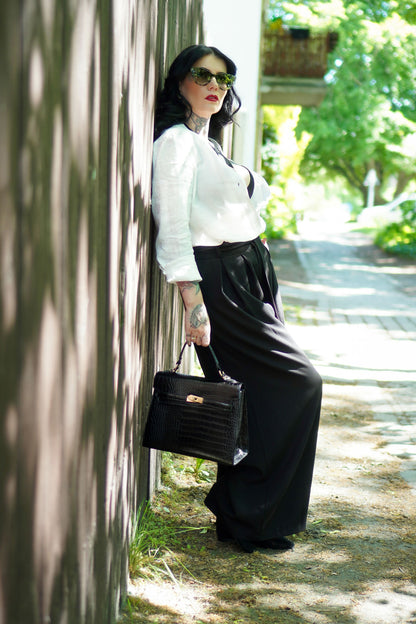 Black Linen Cotton Palazzo Pants - Wide Leg Pleated | Xiaolizi 3002