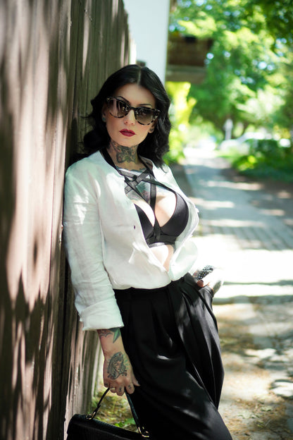 White Linen Shirt - Long Sleeve Split Neck | Xiaolizi 3001