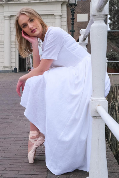 White Linen Cotton Midi Dress - Fitted Waist, Boat Neck 3499
