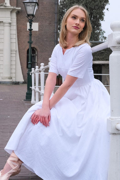 White Linen Cotton Midi Dress - Fitted Waist, Boat Neck 3499