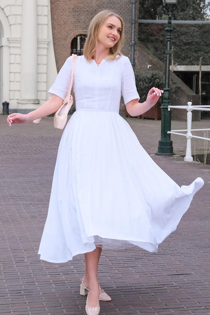 White Linen Cotton Midi Dress - Fitted Waist, Boat Neck 3499