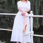White Simple Wedding Midi Summer Linen Dress 3499