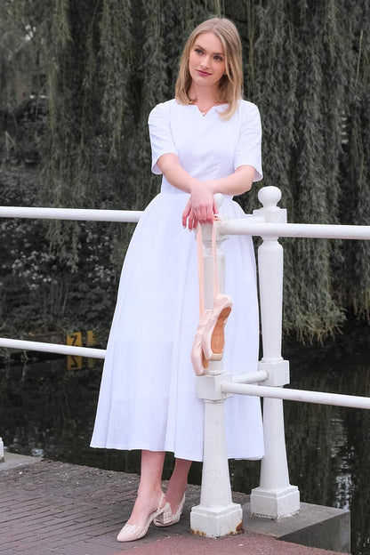 White Linen Cotton Midi Dress - Fitted Waist, Boat Neck 3499