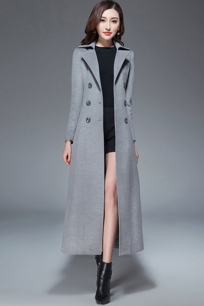 Handmade Light Gray Wool Coat – Elegant Double-Breasted Belted Long Overcoat | Xiaolizi 3985