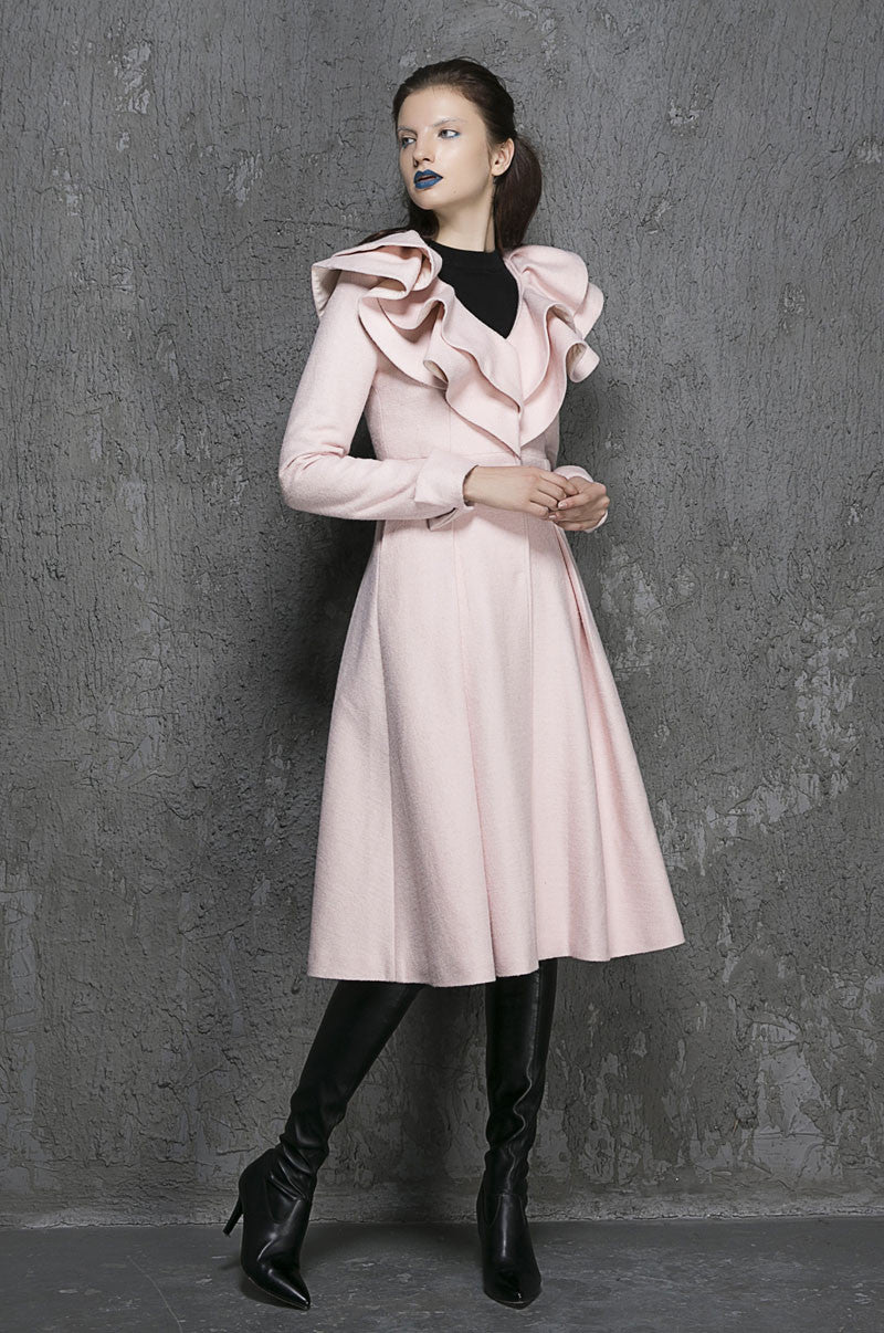 Ruffled Collar Winter Coat - Pink Long Wool Coat (1348)