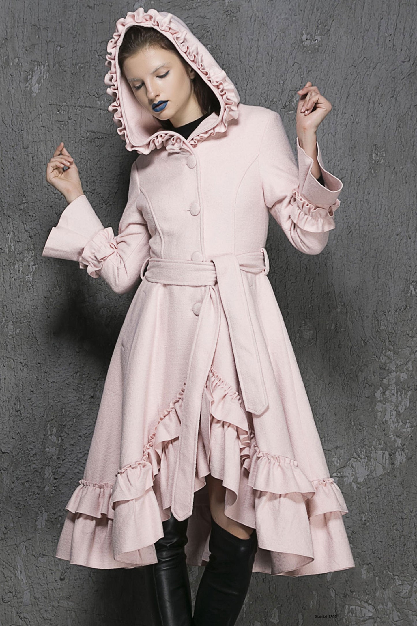 Pink wool coat winter women coat with hood 1350#