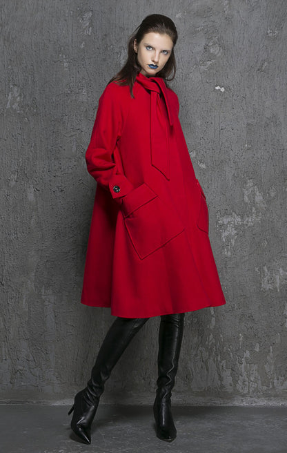 Vintage Wool Coat for Women – Handmade Red Bow-Tie Neck Long Winter Coat | Xiaolizi 1351