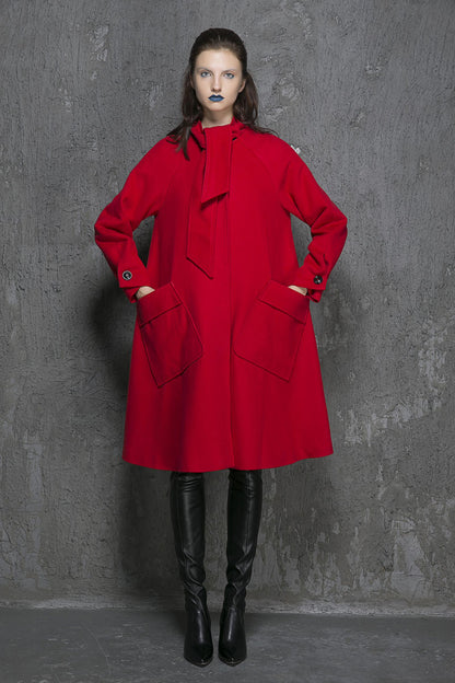 Vintage Wool Coat for Women – Handmade Red Bow-Tie Neck Long Winter Coat | Xiaolizi 1351