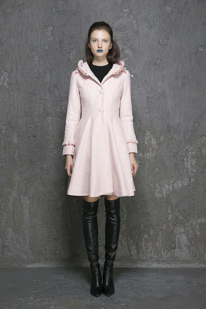 Pink Hooded Wool Coat – Ruffle Trim Fit & Flare Winter Coat | Xiaolizi 1352