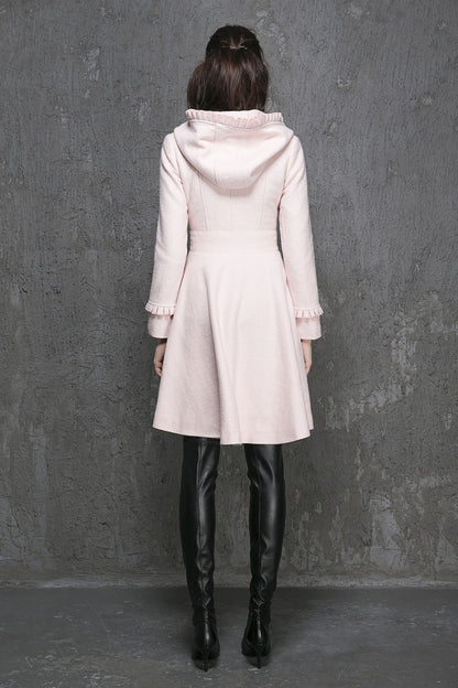 Pink Hooded Wool Coat – Ruffle Trim Fit & Flare Winter Coat | Xiaolizi 1352