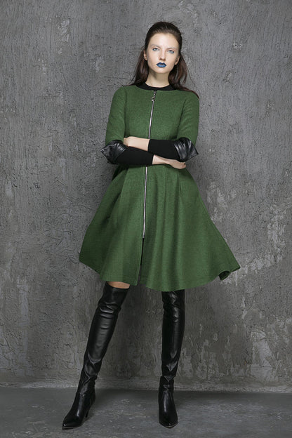 Green Wool Blend Coat – Handmade Zip Front Fit & Flare Winter Elegance 1353