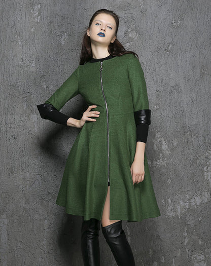Green Wool Blend Coat – Handmade Zip Front Fit & Flare Winter Elegance 1353