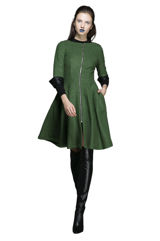 Green Wool Blend Coat – Handmade Zip Front Fit & Flare Winter Elegance 1353