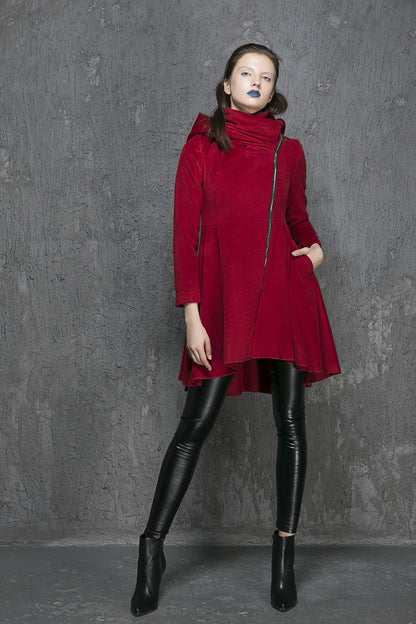 Red Wool Hooded Coat – Asymmetric Zipper Vintage Fit-and-Flare Overcoat 1355