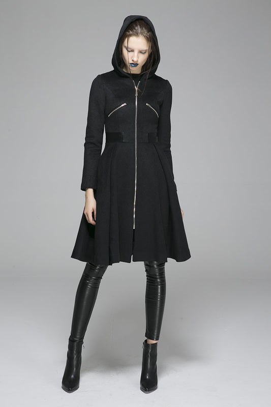 Black wool coat winter women coat hooded coat zipper coat warm jacket1361#