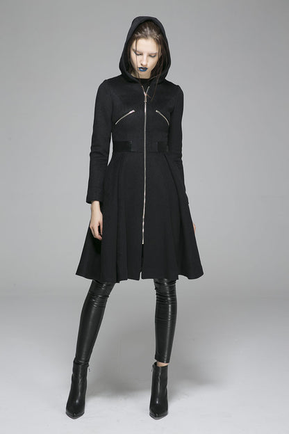 Black Wool Hooded Winter Coat – Handmade Retro Zipper Jacket 1361