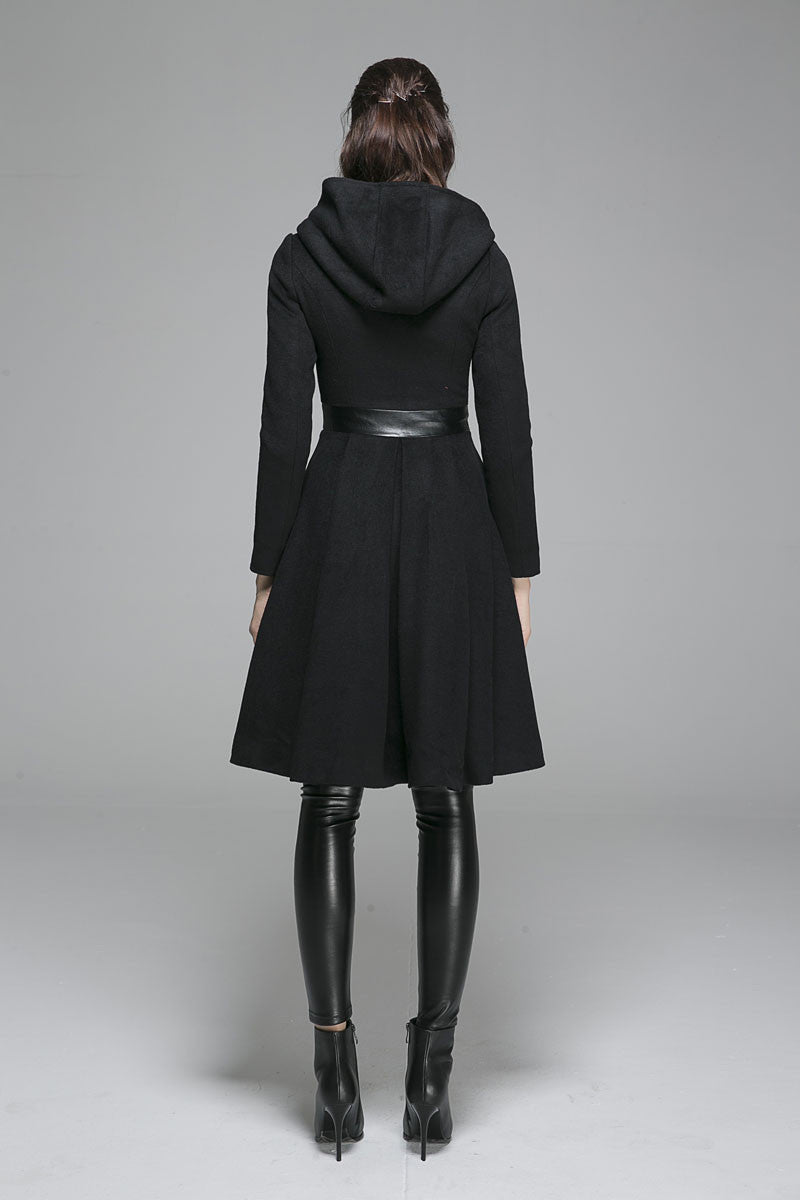 Black wool coat winter women coat hooded coat zipper coat warm jacket1361#