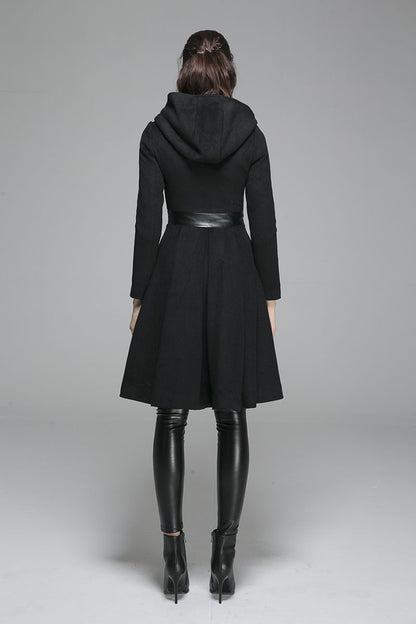 Black Wool Hooded Winter Coat – Handmade Retro Zipper Jacket 1361