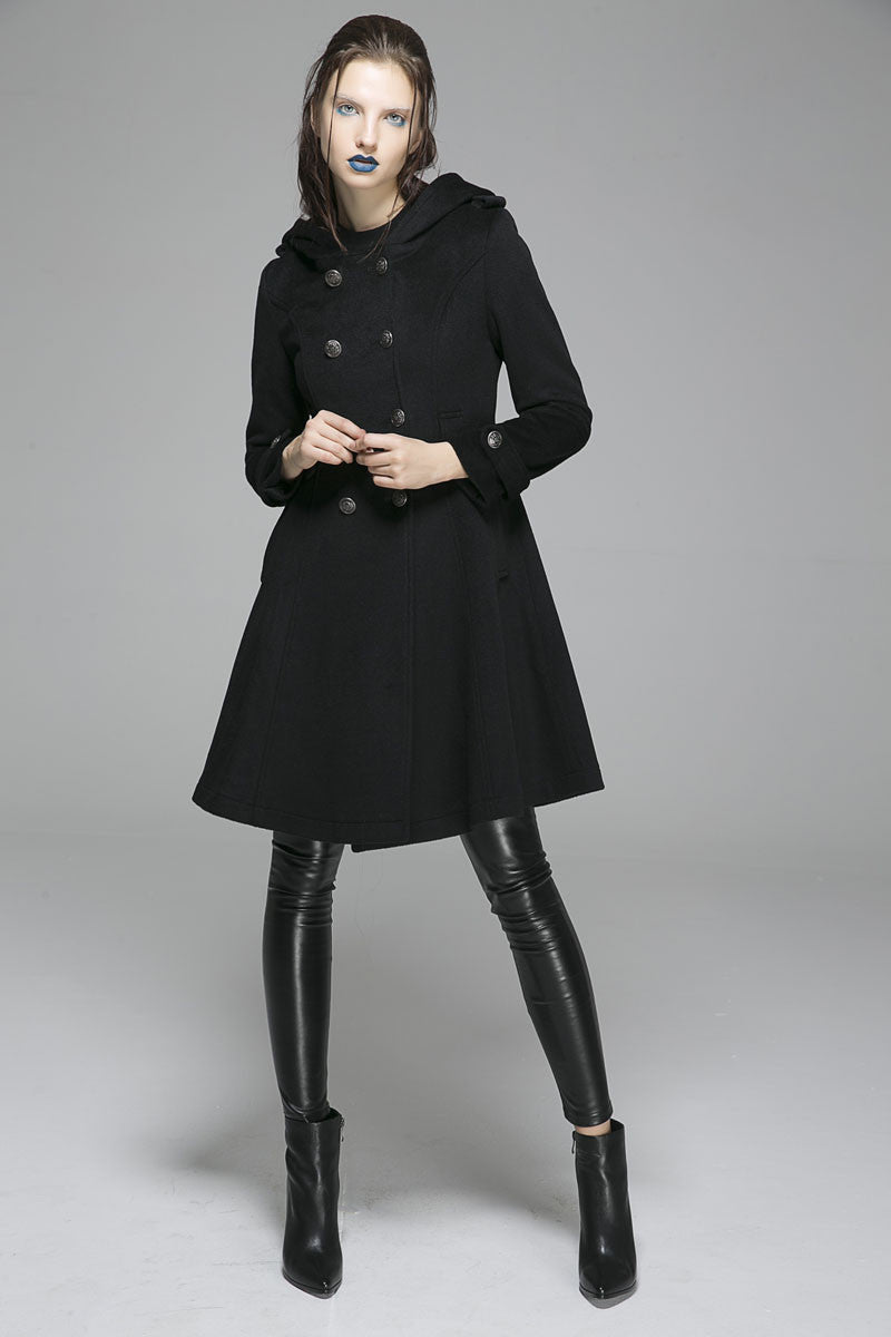 Winter women jacket wool coat with hood black jacket 1364#