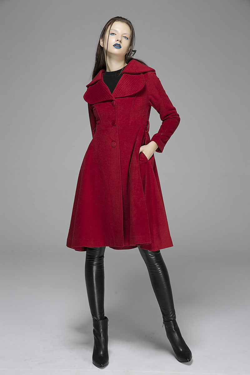 Winter wool coat red jacket midi dress coat(1366)