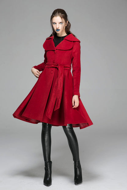 Wool Coat Dress – Vintage Fit and Flare Winter Overcoat with Belt 0336