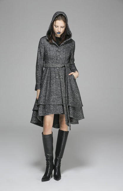 Vintage Wool Coat for Women – Handmade Gray Hooded Belted Winter Coat with Layered Hem | Xiaolizi 1368