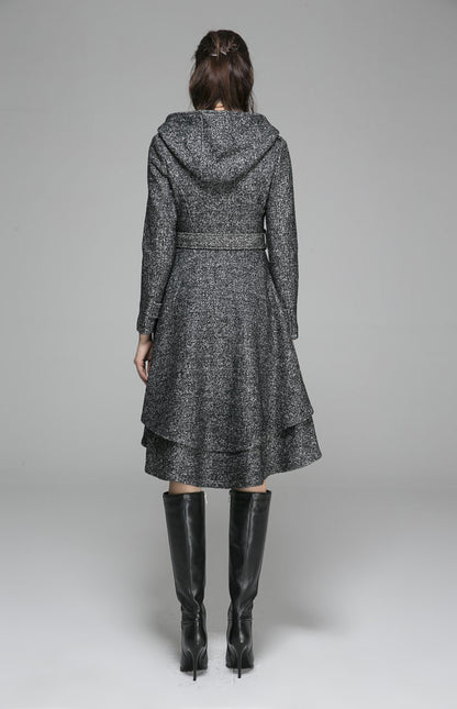 Vintage Wool Coat for Women – Handmade Gray Hooded Belted Winter Coat with Layered Hem | Xiaolizi 1368
