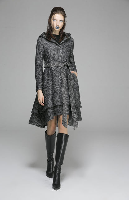 Vintage Wool Coat for Women – Handmade Gray Hooded Belted Winter Coat with Layered Hem | Xiaolizi 1368