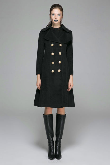 Vintage Wool Coat for Women – Handmade Black Double Breasted Military Winter Coat with Gold Buttons | Xiaolizi 1370