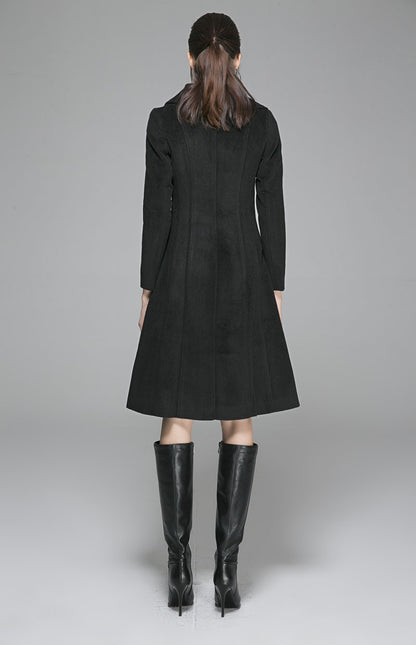 Vintage Wool Coat for Women – Handmade Black Double Breasted Military Winter Coat with Gold Buttons | Xiaolizi 1370