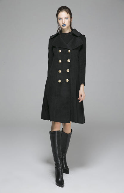 Vintage Wool Coat for Women – Handmade Black Double Breasted Military Winter Coat with Gold Buttons | Xiaolizi 1370