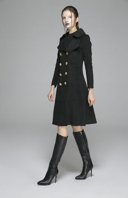 Vintage Wool Coat for Women – Handmade Black Double Breasted Military Winter Coat with Gold Buttons | Xiaolizi 1370