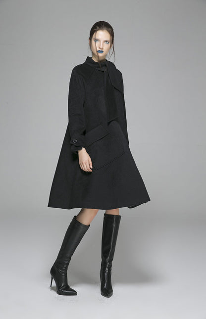Handmade Black Wool Coat – Oversized A-Line Winter Overcoat with Big Pockets | Xiaolizi 1372