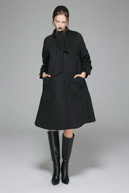 Handmade Black Wool Coat – Oversized A-Line Winter Overcoat with Big Pockets | Xiaolizi 1372