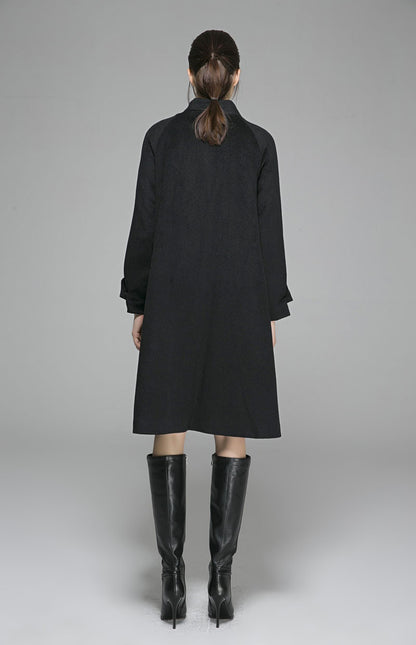 Handmade Black Wool Coat – Oversized A-Line Winter Overcoat with Big Pockets | Xiaolizi 1372