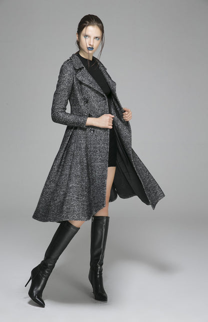Black Wool Coat - Fit and Flare Silhouette with Pleated Detail 1373