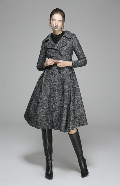 Black Wool Coat - Fit and Flare Silhouette with Pleated Detail 1373